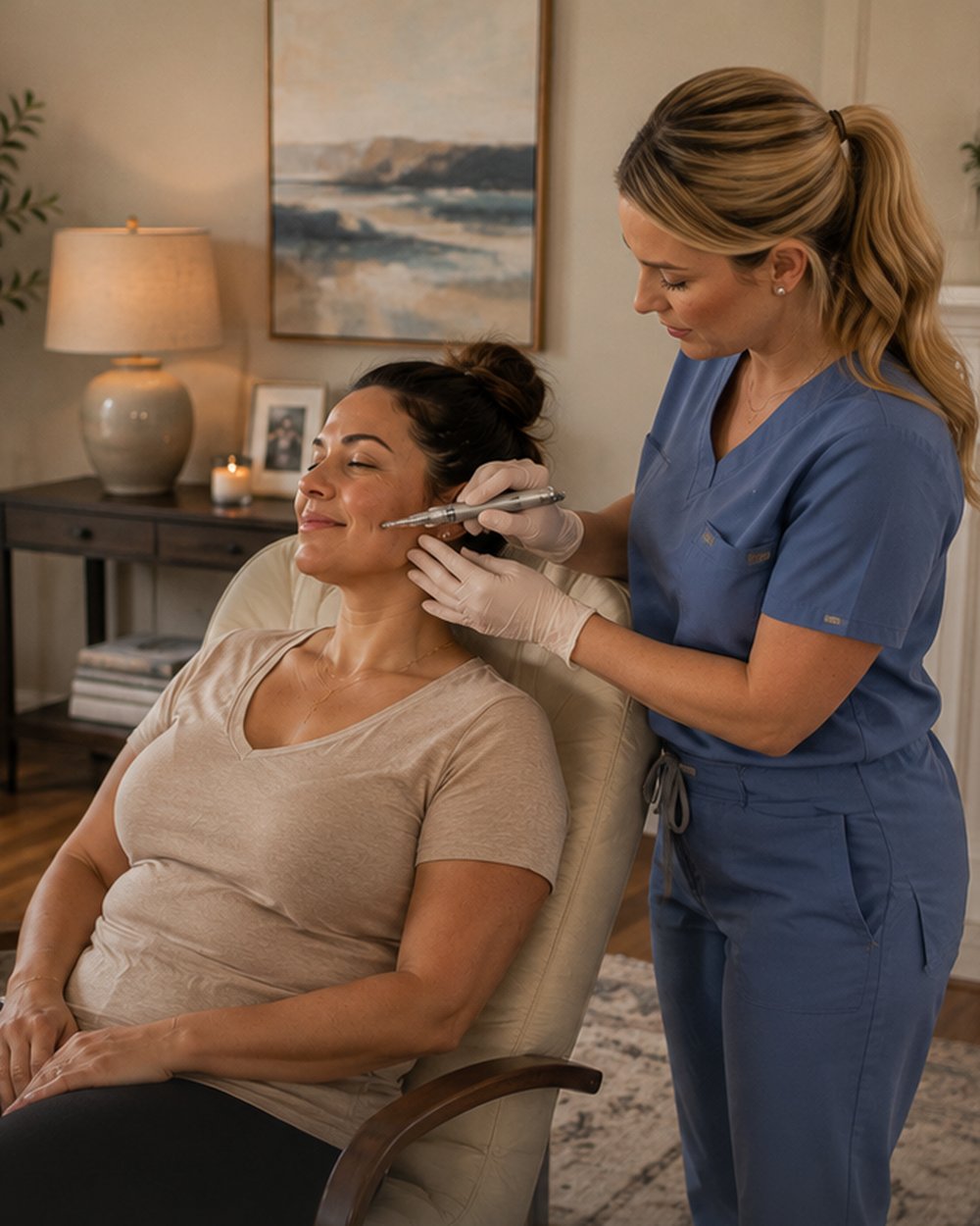 A clinician placing upper-face neuromodulator injections for a seated patient